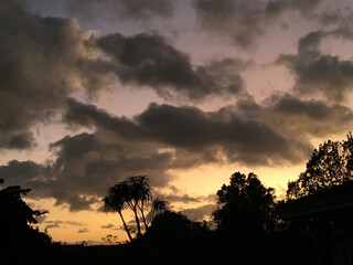 African sunset with clouds and trees in foreground.
