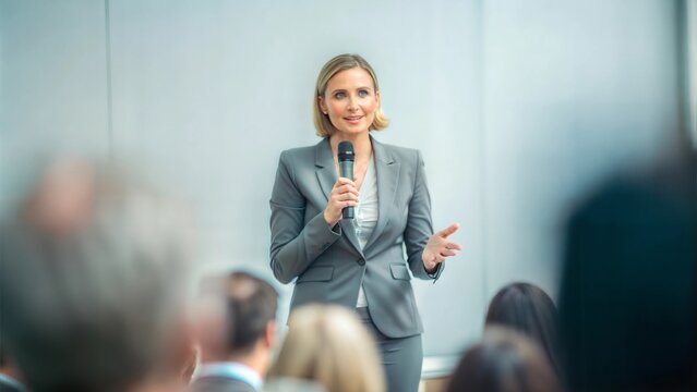 Empowering Female Politician at Town Hall - A woman confidently speaking to an audience at a town hall meeting.

