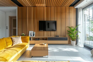 Modern living room: white tile floor, wooden ceiling, wall panels, TV stand, sofa