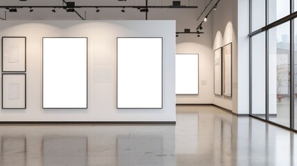 Blank wall frame in a modern, white-walled gallery space for mockup