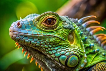 Obraz premium A vibrant green iguana peeks sideways, its scaly skin glistening, against a blurred background highlighting its prehistoric features and intriguing gaze.