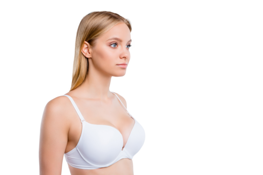 Healthy successful lifestyle concept. Portrait of nice cute lovely winsome attractive minded blonde girl wearing bra isolated over light gray background