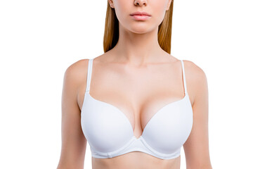 Obraz premium Healthy lifestyle concept. Cropped close-up portrait of nice calm lovely attractive adorable blonde girl chest wearing bra isolated over light gray background