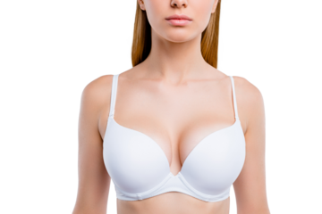 Healthy lifestyle concept. Cropped close-up portrait of nice calm lovely attractive adorable blonde girl chest wearing bra isolated over light gray background
