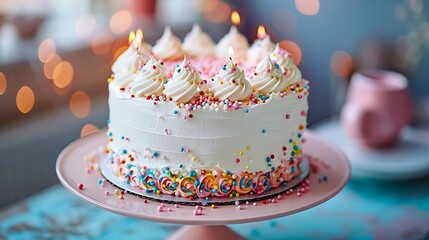 A beautifully decorated birthday cake with colorful sprinkles and lit candles, perfect for celebrations, party invitations, or bakery promotions