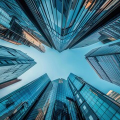 Modern skyscrapers, blue tones, low angle, photorealistic, clean background