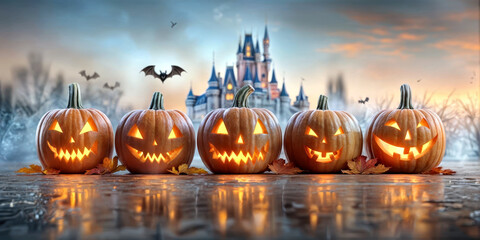  Halloween Pumpkins  Jack-O'-Lanterns With Glowing  Faces Fantasy Fall Background Magical Fairy Tale Castle Autumn Leaves And Bats Background