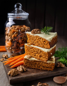 Carrot creamy cake cut into pieces stacked on a wooden board next to a jar full of nuts against black background