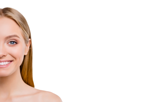 Close-up cropped half-face portrait of cute attractive lovely cheerful positive blonde girl clean clear flawless smooth skin copy empty blank space isolated over light gray grey background