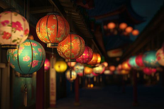 Colourful Chinese lantern hanging on a traditional building, celebrating the festival
