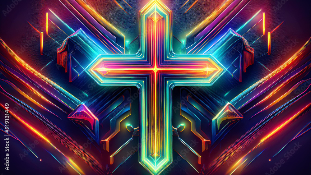 Wall mural A neon cross in a cyberpunk atmosphere on a dark background exposing the cross. 4K illustration