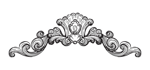 Hand drawing sketch of ornate design element. Abstract baroque style. Vector isolated engraving illustration. Vintage ornate element in old fashioned style for decoration, print and design.