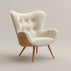 Scandinavian armchair: light fabric, wooden legs, buttons, isolated background
