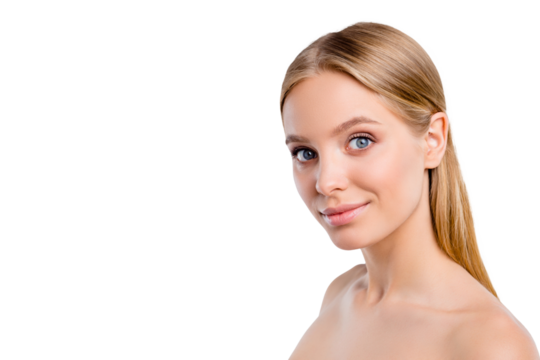 Close-up portrait of nice cute attractive adorable lovely sweet winsome delicate calm blonde girl pure smooth clean clear skin copy empty blank space isolated over light gray background