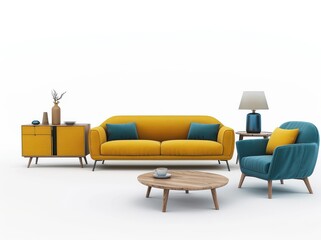 3D rendering of yellow and teal sofa, armchair, coffee table, white background, modern design
