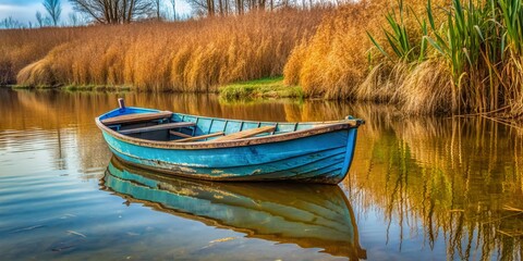 Fototapeta premium A weathered, blue boat, half-submerged in mud, sits forlornly among towering reeds on the serene, banks of a murky, slow-moving, brown-water river.