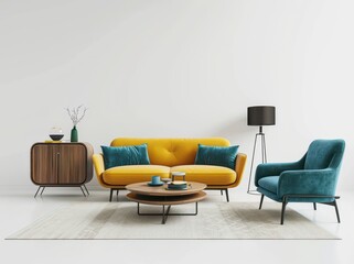 3D rendering of yellow and teal sofa, armchair, coffee table, white background, modern design