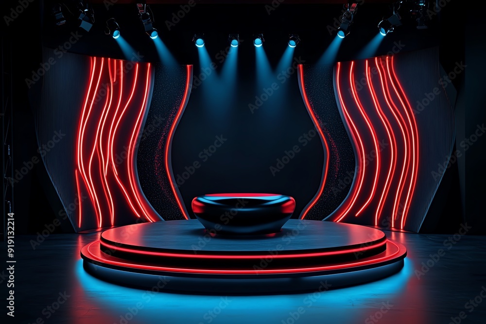 Poster a creative neon podium set against a black stage, with intricate neon lighting patterns that pulse i