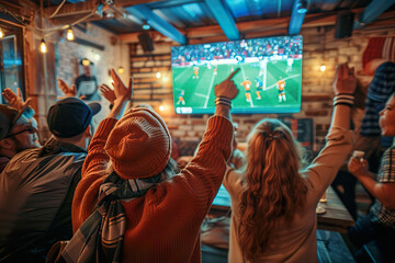 A group of people are watching a soccer game on a large screen, generative ai.