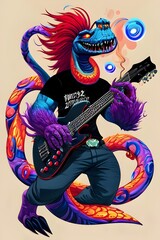 a colorful illustration of a monster playing an electric guitar in concert, rock star, entertainer, musician, music, stage lights, energy, performance, audience, crowd, live music, rock concert,