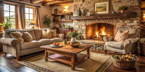 Cozy country cottage living room with plush sofa, rustic wooden coffee table, vintage armchair, and stone fireplace, surrounded by warm natural textiles and rich decor.