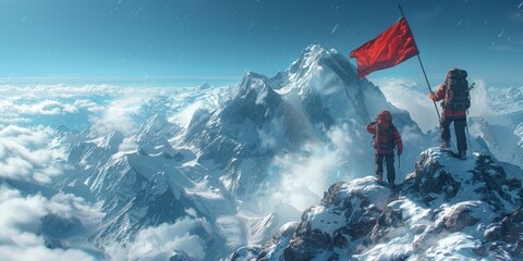 Two Climbers Reach the Summit of a Snowy Mountain