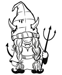Halloween holiday girl gnomes in costumes. freehand drawing, black and white illustration, funny hat halloween