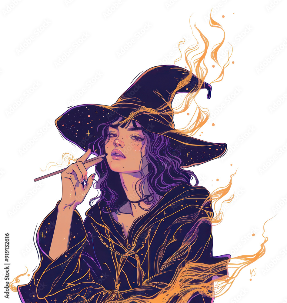 Sticker PNG Enchanting witch with magical flames