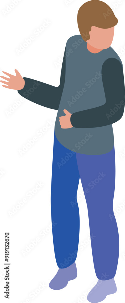 Poster young man is standing and gesturing with one hand as if explaining something