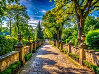 A winding serene pathway lined with lush trees and ornate stone fencing stretches beneath a crystal-clear blue sky, evoking feelings of calmness and tranquility outdoors.