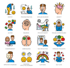 Fototapeta premium Mental health color icons, psychological disorder problems. Human psychology, cognitive disorders or mental health apathy, anxiety, autism and codependency, euphoria, neurosis problems vector icons