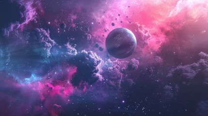 A Lone Planet Surrounded by Pink and Blue Nebulae