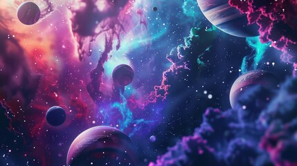 Naklejka premium A Cosmic Landscape with Planets, Nebulae, and Stars