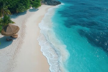 aerial beach paradise crystalline turquoise waters pristine white sand gentle waves tropical allure drone perspective