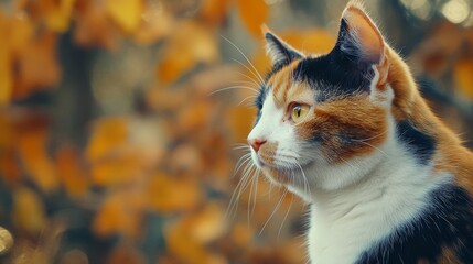 Calico cat with vibrant patches of orange, black, and white, its face framed by a blurred background of warm, earthy tones,