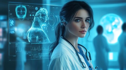 Female Doctor in a Futuristic Hospital Setting
