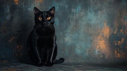 A sleek black cat sitting calmly against a textured backdrop with hints of dark blues and purples, its gaze focused directly into the camera,