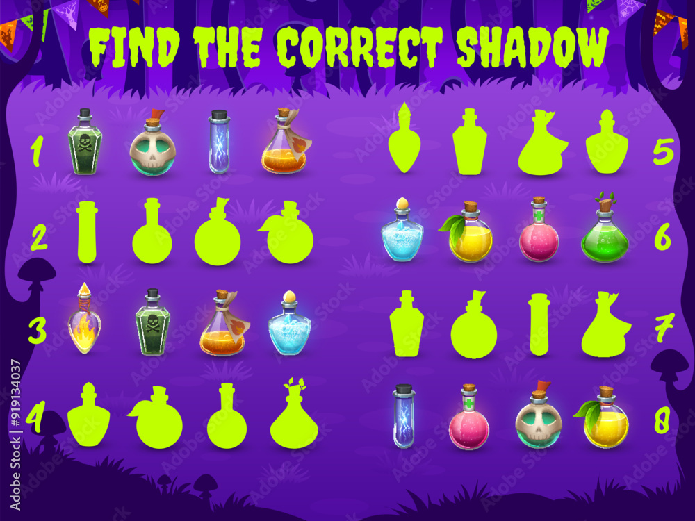 Aufkleber halloween kids game, find correct shadow of potion bottles or poison, vector puzzle worksheet. find 