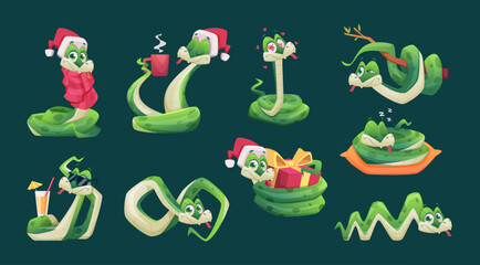 Green snake. Lizards in action poses new year 2025 symbols cartoon mascots snakes exact vector illustrations set