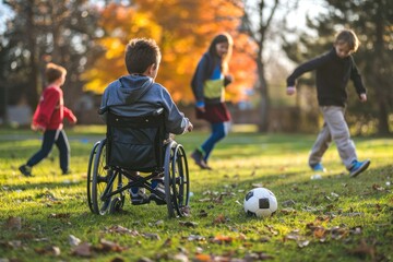 A happy little boy in a wheelchair enjoys playing football with his friends in an outdoor park.
