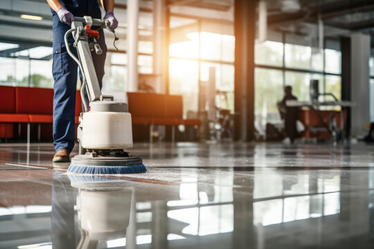 Janitor cleaning floor with floor polishing machine in modern office