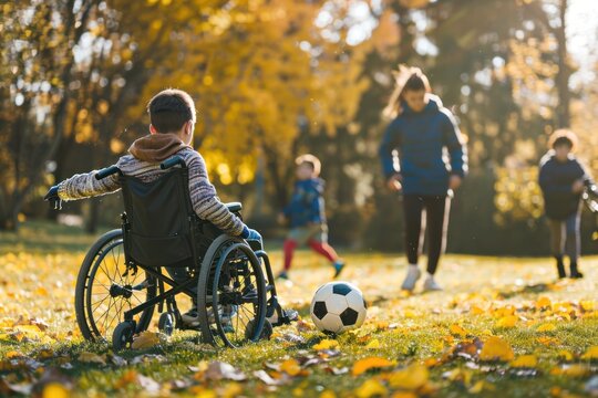A happy little boy in a wheelchair enjoys playing football with his friends in an outdoor park.