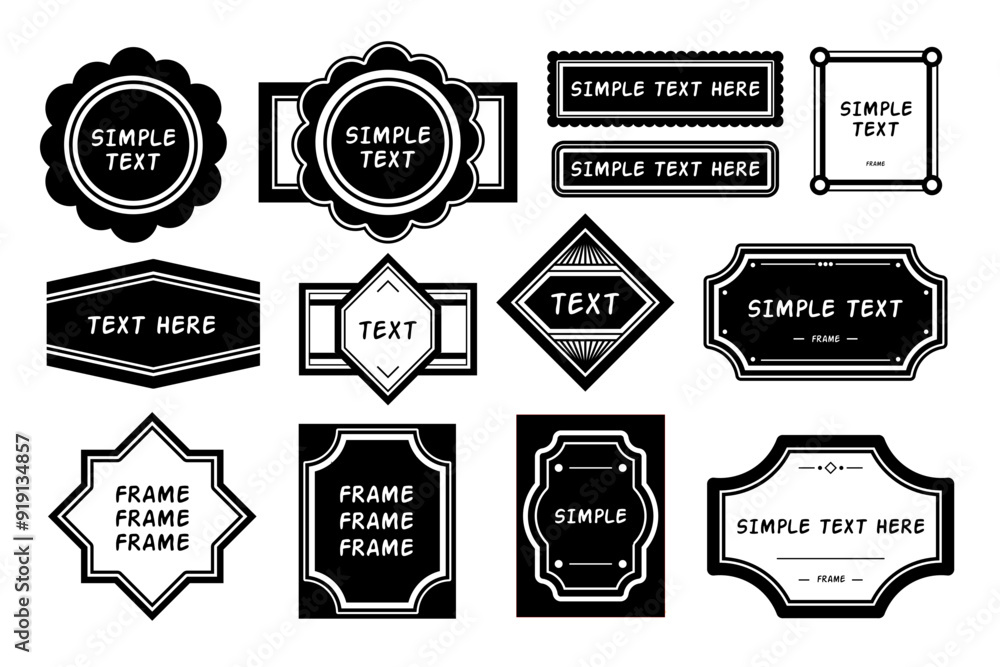 Poster a collection of different black and white label design sets, each with a unique text style and borde