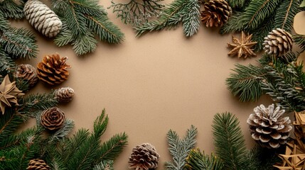 Abstract Christmas or New Year background. Christmas tree branches, fir cones on a eco friendly background of kraft paper