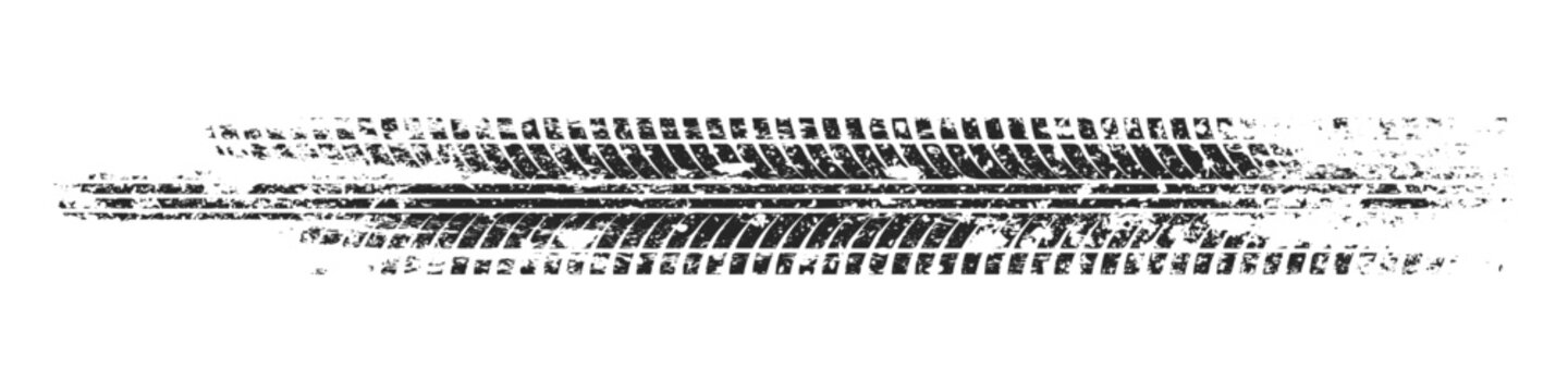 Grunge tire track, wheel braking marks. Truck, car or motorcycle tread pattern silhouette. Auto race, motorsport, speed racing design element. Vector illustration