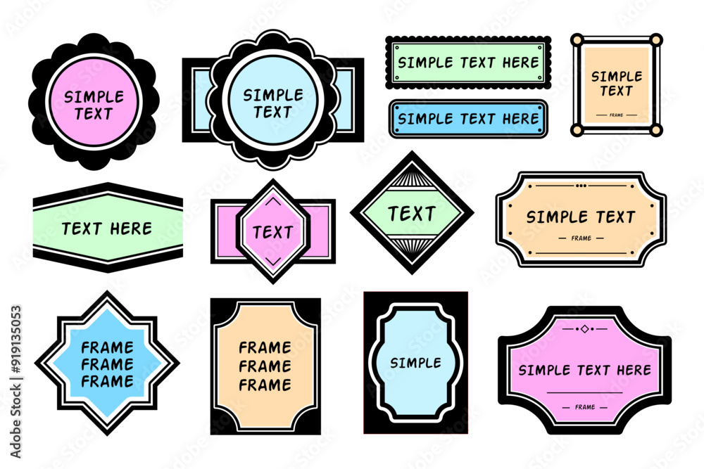 Poster collection of different color label frame design sets, each with unique text and border styles