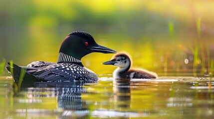 Adult Loon Nurturing a Chick in a Tranquil Pond