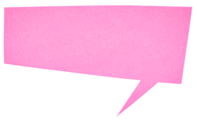Blank cut out pink cardboard paper speech bubble of rectangular shape with copy space for text on transparent png background design element
