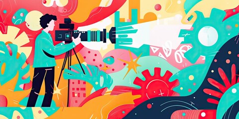 A person taking a picture in a colorful abstract setting.