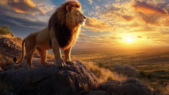 Majestic Lion Surveys Territory from Rock Outcropping - Wildlife Photography - Powered by Adobe